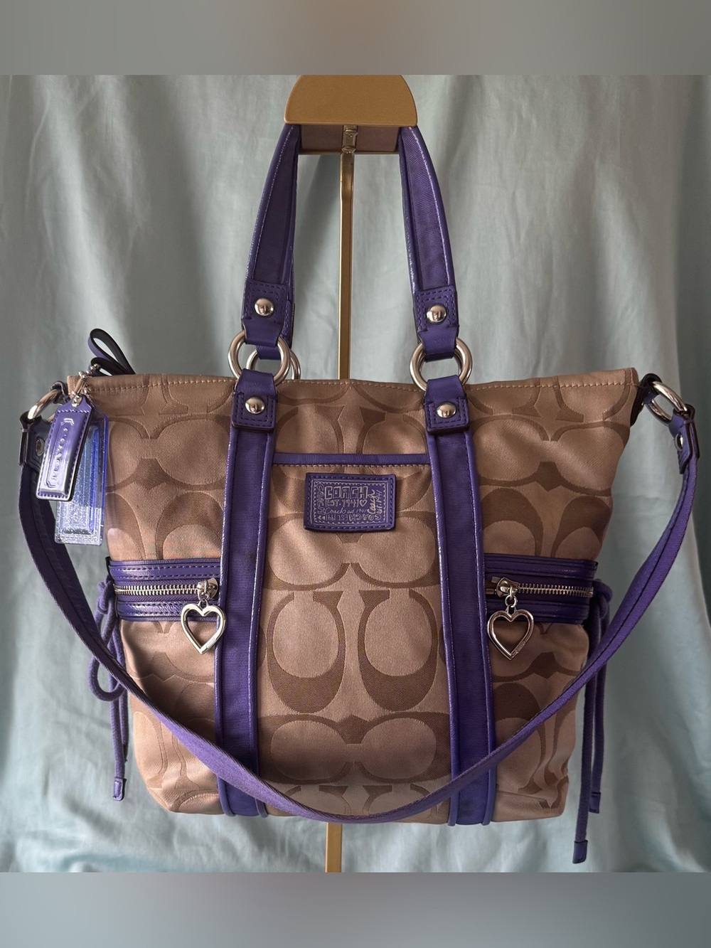 Coach F20101 Poppy Khaki and Purple Signature C Jacquard Canvas Satchel/Tote - Picture 1 of 15